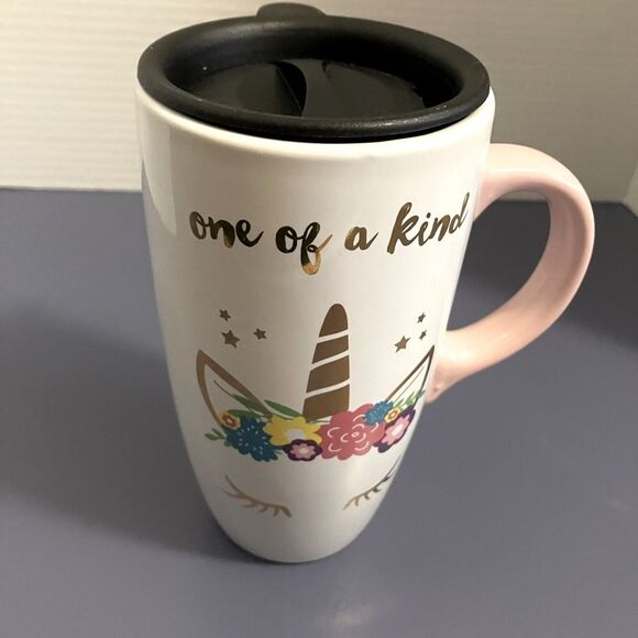 Unicorn Sheffield Travel Mug with Lid- Coffee or Tea Pink Handle - Picture 3 of 13